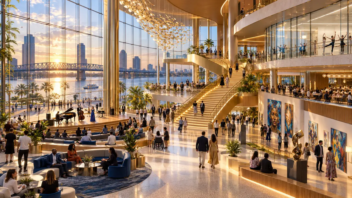 Glass riverfront atrium and public gathering space