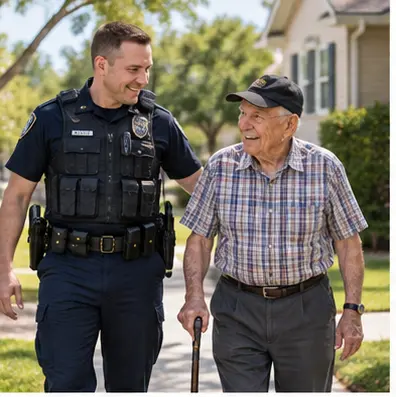 Police officer helping a senior resident concept