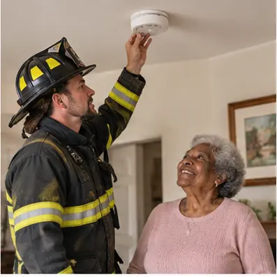 Firefighter helping an older resident concept