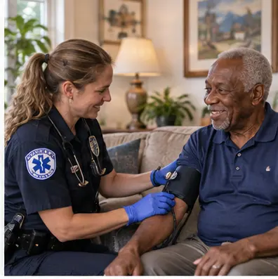 Emergency medical professional wellness visit concept