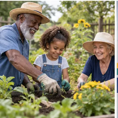 Generations working together in a community garden
