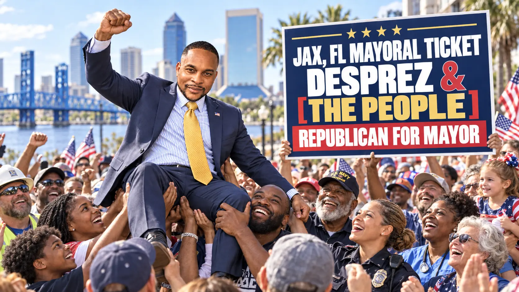 Illustrative Jacksonville rally with people lifting Fitz Desprez beside the Desprez and The People mayoral ticket sign