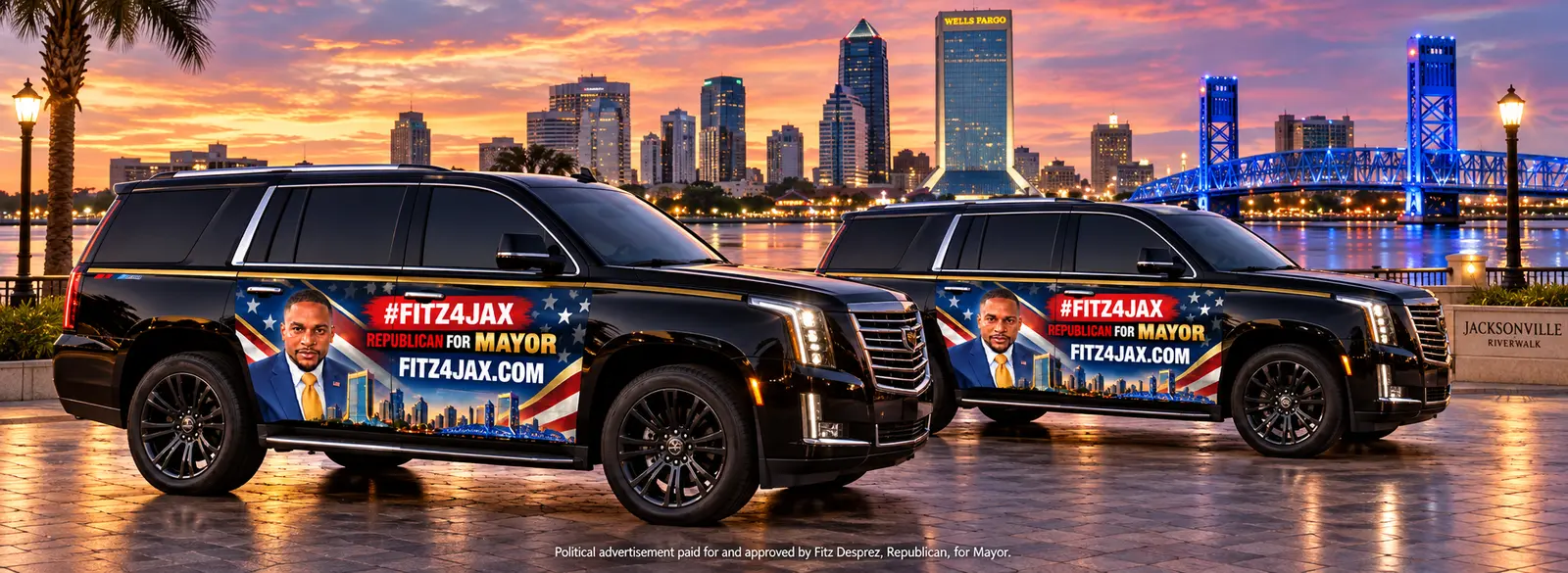 Two black dark-window FITZ4JAX campaign support SUVs at the Jacksonville riverfront