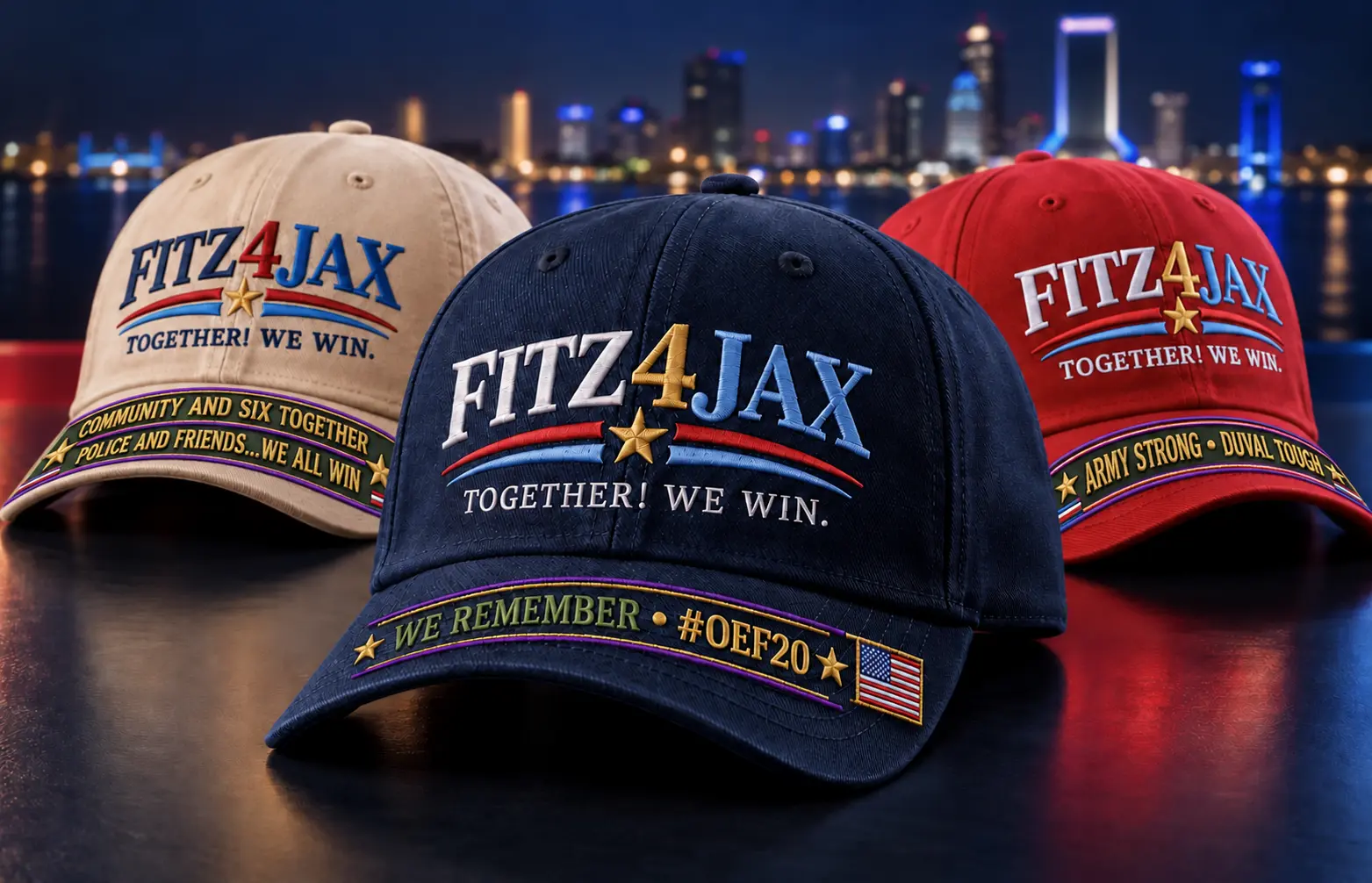 OEF commemorative FITZ4JAX campaign hats honoring military service