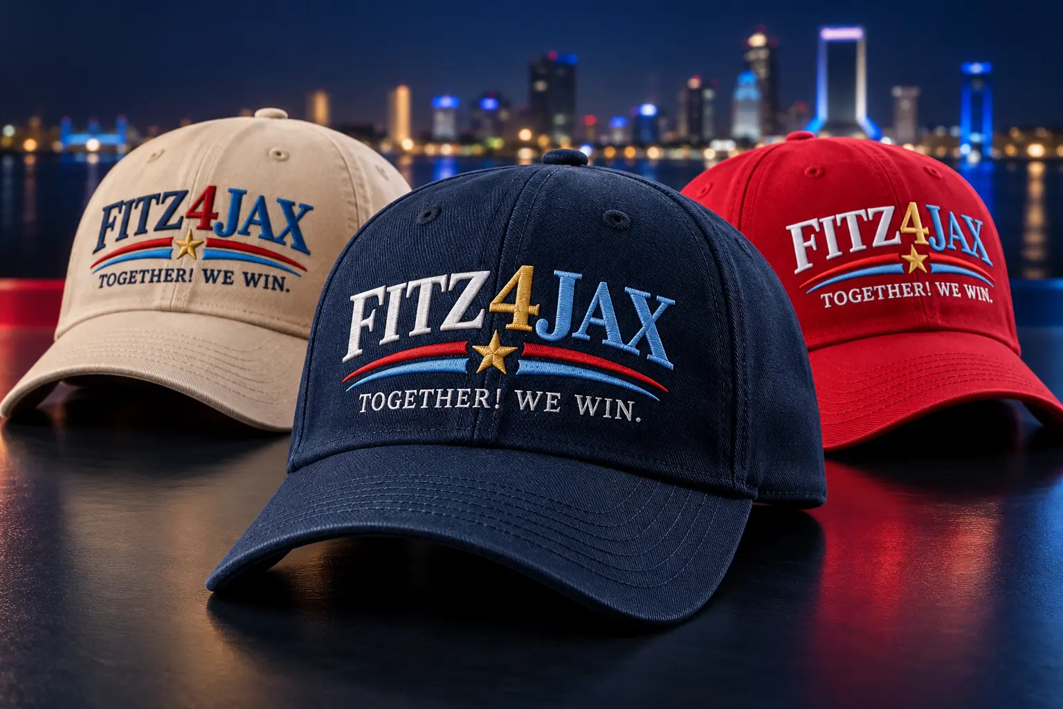 FITZ4JAX campaign hats in navy, tan, and red