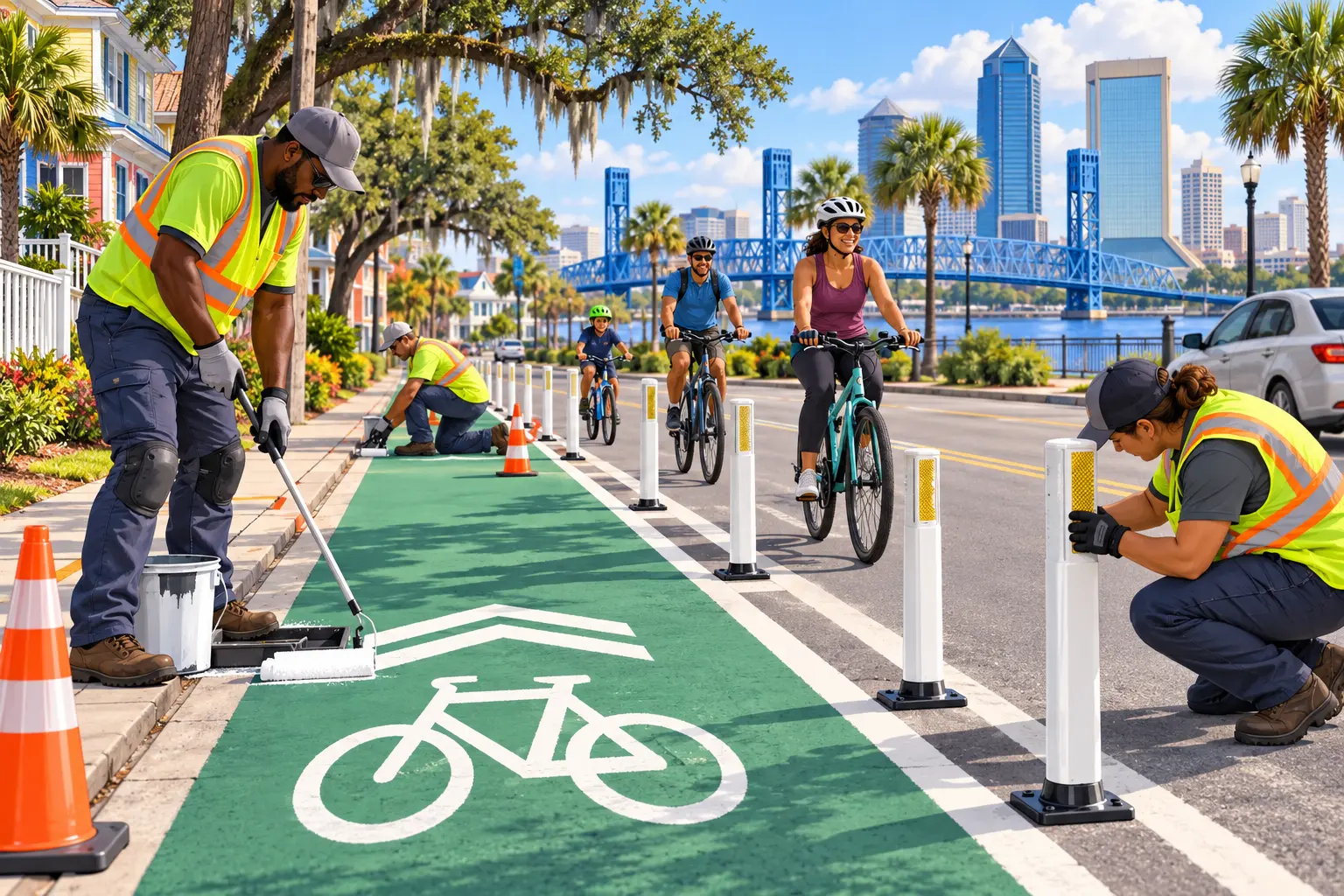 Safer Jacksonville Bicycle Lanes and Connected Neighborhood Streets: Visible maintenance for lane markings, barriers and pavement