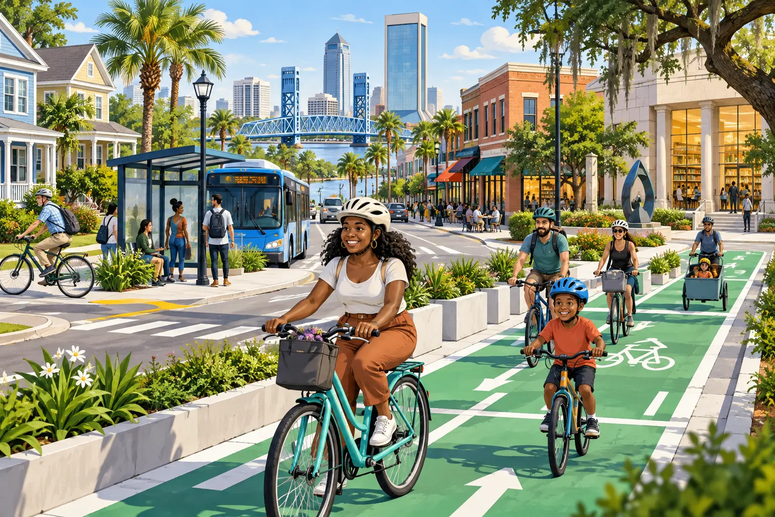 Safer Jacksonville Bicycle Lanes and Connected Neighborhood Streets: A bicycle network connecting homes, transit, shops and a library