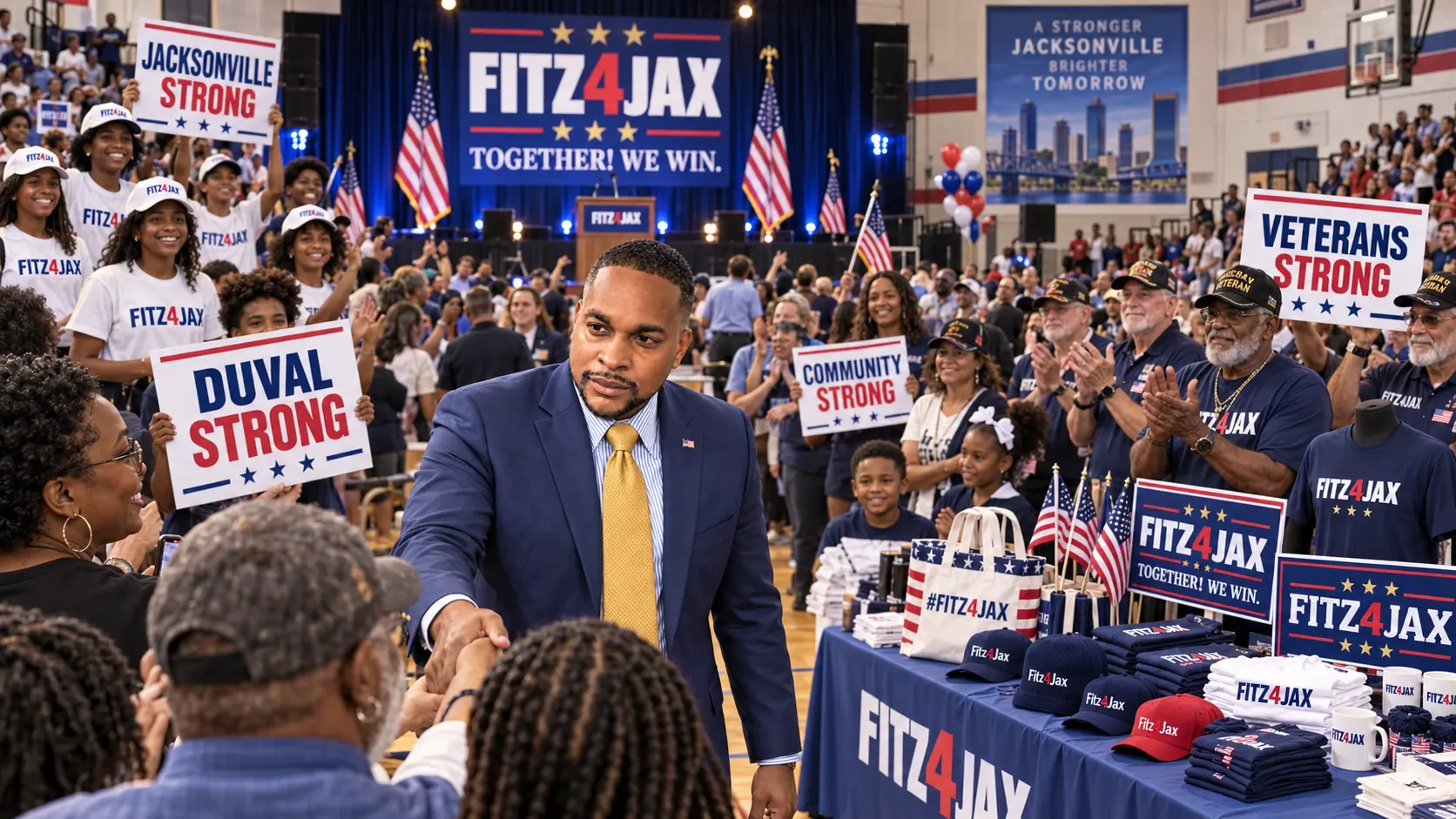 Illustrative indoor FITZ4JAX gym rally with separate youth, veteran, community and merchandise sections