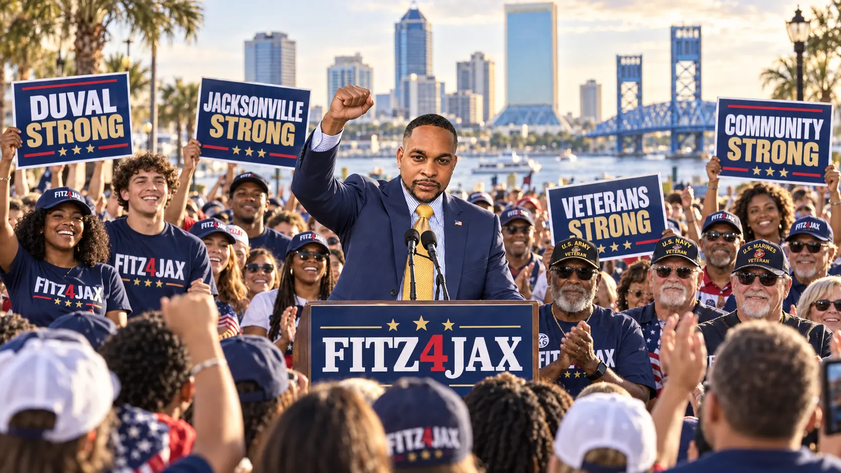 Illustrative FITZ4JAX outdoor rally with youth, veterans and Jacksonville community signs