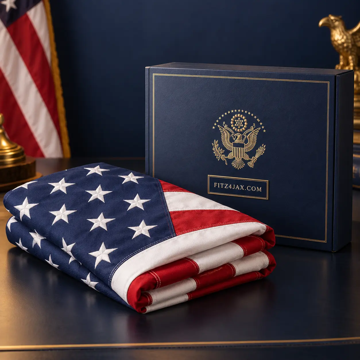 Folded American flag with FITZ4JAX presentation package