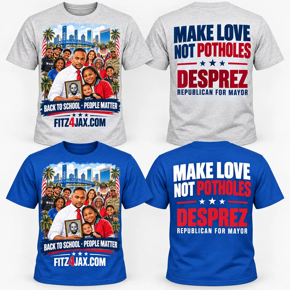 Light gray and blue FITZ4JAX Back to School People Matter shirts shown from the front and back