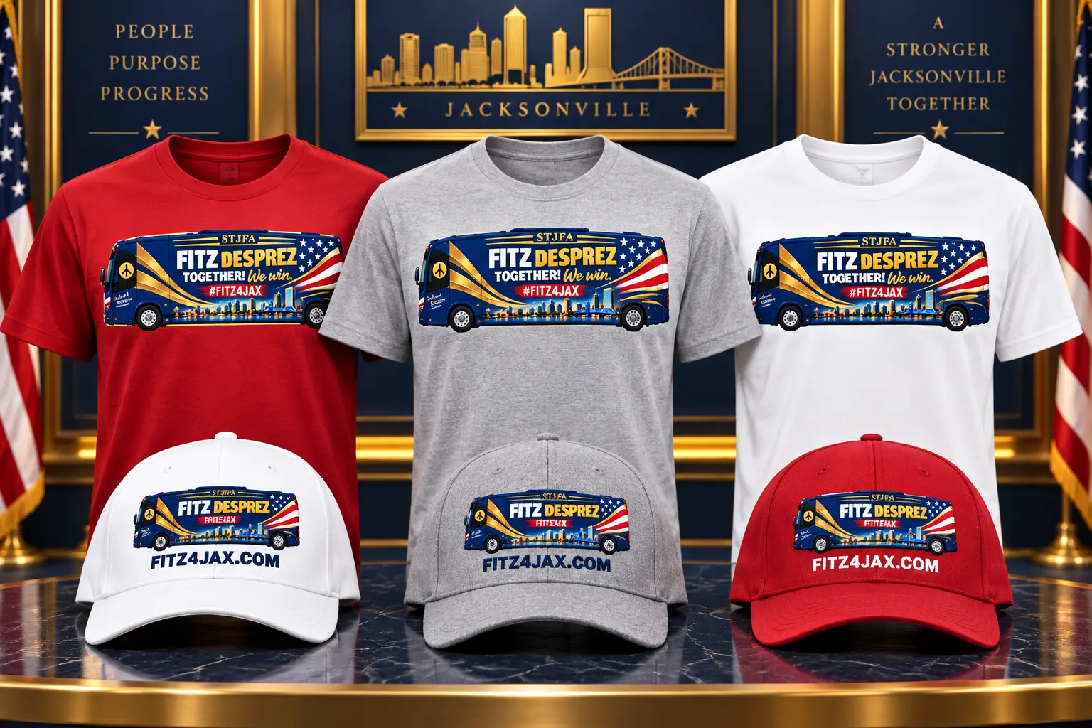 Red, light gray and white FITZ4JAX campaign bus shirts with matching hats