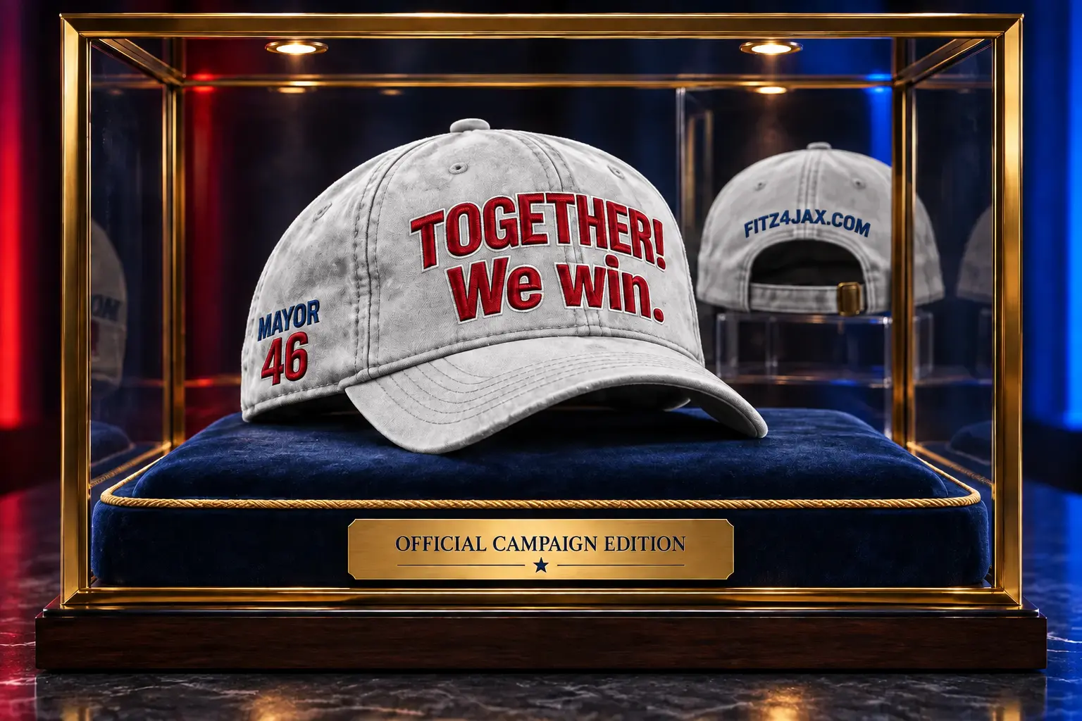 Light gray Together We Win campaign hat in a championship display case