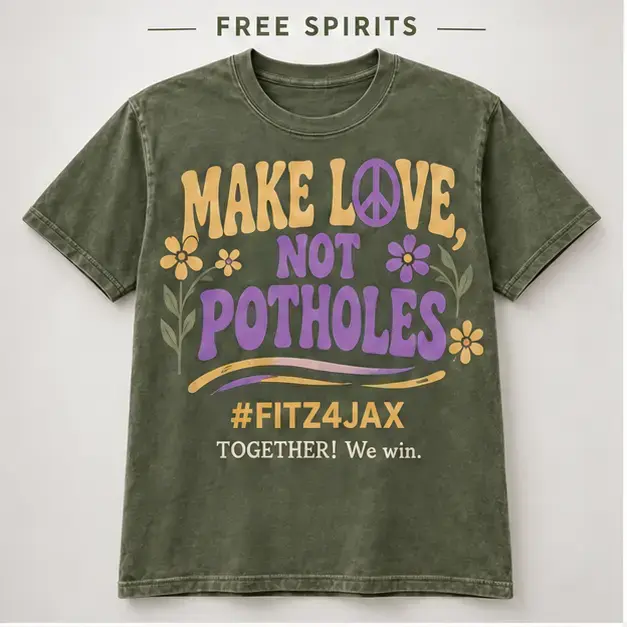 Green Free Spirits campaign shirt reading Make Love Not Potholes