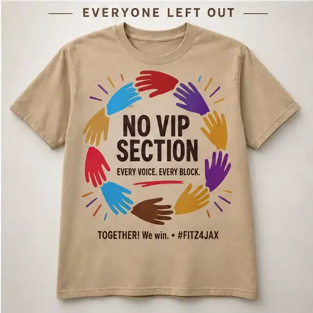 Beige No VIP Section campaign shirt reading Every Voice, Every Block