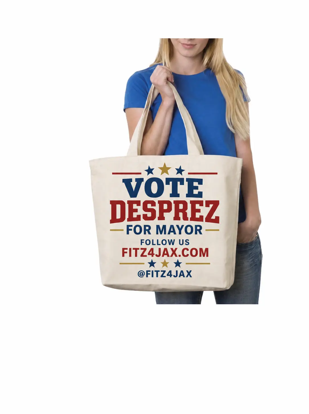 Beige Vote Desprez for Mayor campaign tote with FITZ4JAX website and social handle