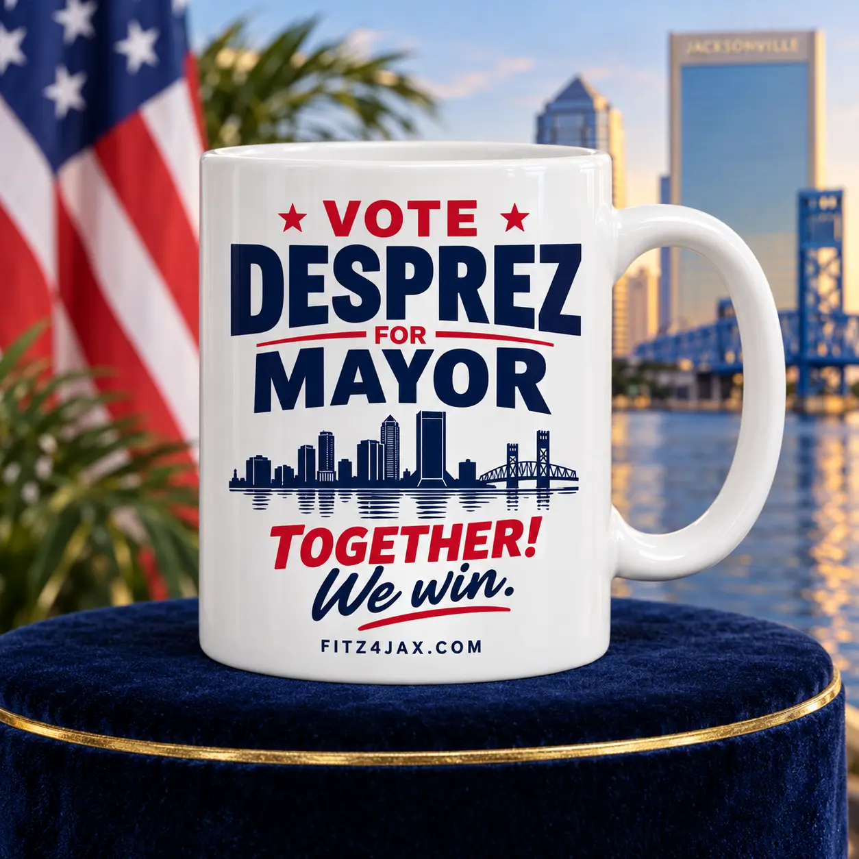 White Vote Desprez for Mayor coffee mug on a navy display with the Jacksonville skyline