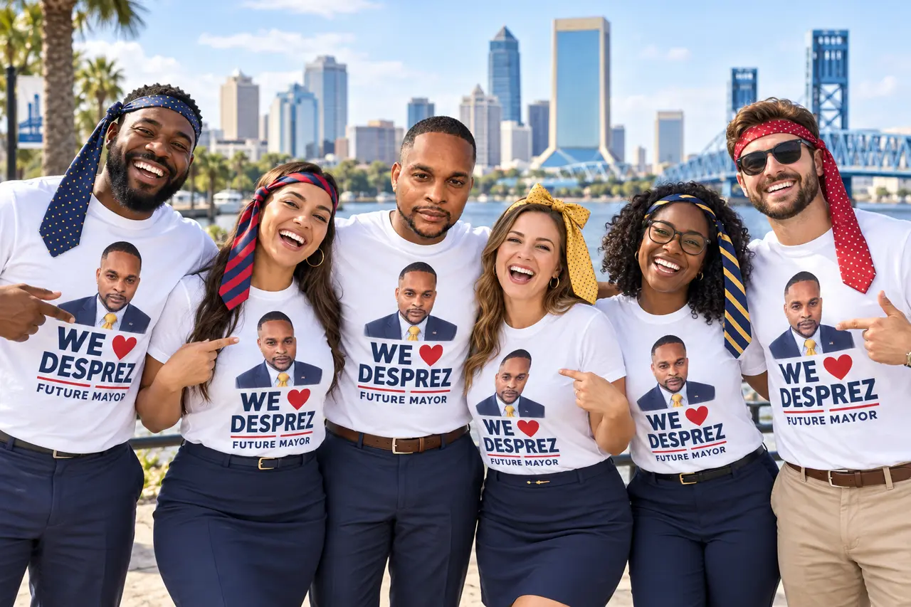 Diverse adult Jacksonville supporters wearing white We Love Desprez Future Mayor campaign shirts with neckties styled as headbands