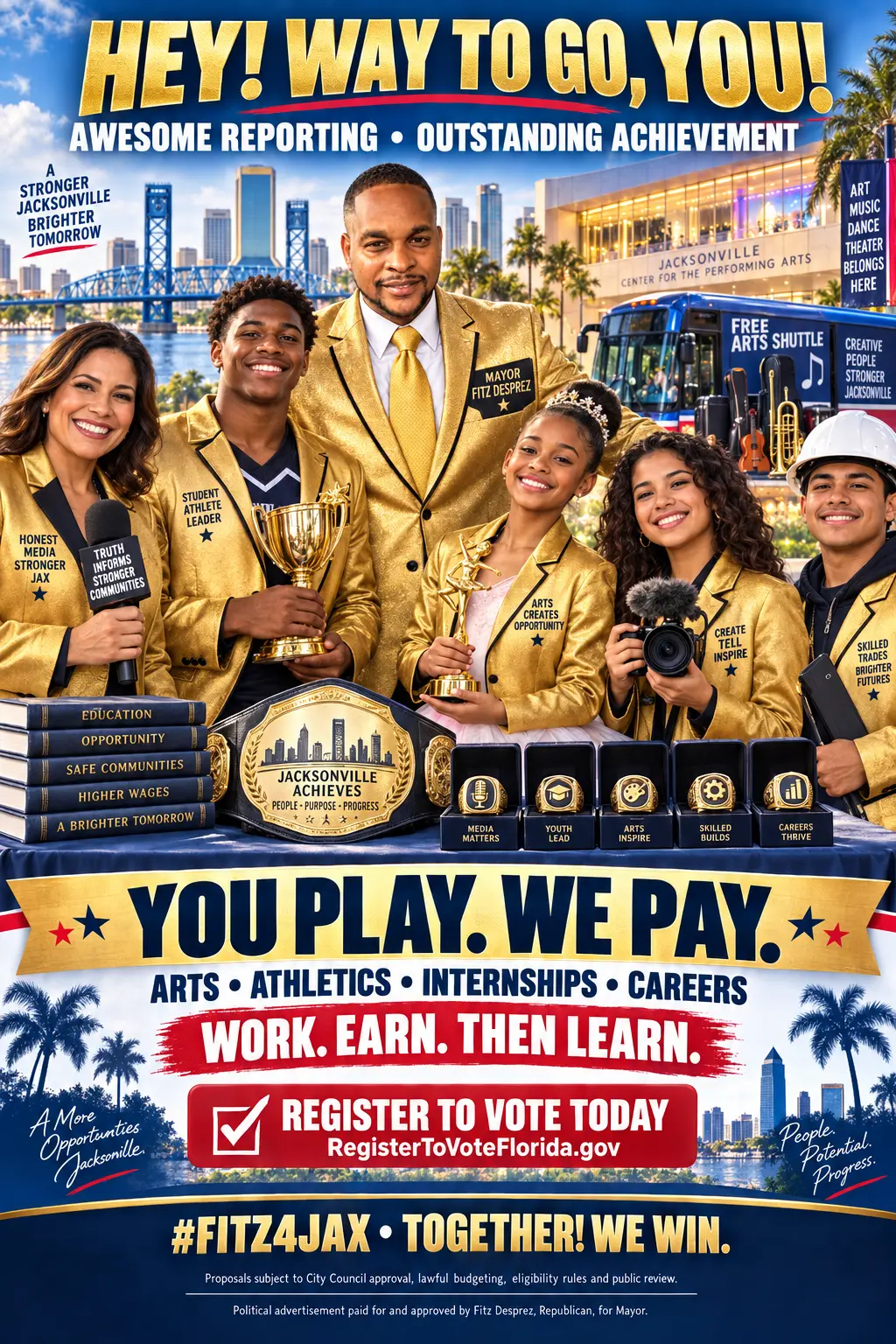 Hey Way To Go You campaign proposal poster recognizing honest reporting, youth athletics, arts, internships and careers